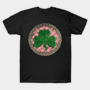 Celtic Knot Shamrock Pink Background T-Shirt